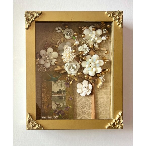 Vintage Gold Framed Flower Artwork With Pearls & Beads - Picture 5 of 10